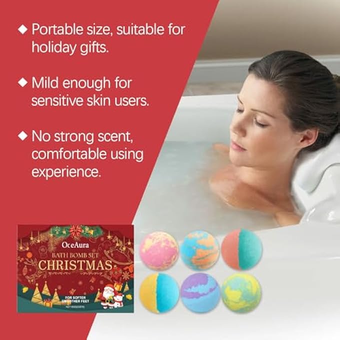 مجموعة هدايا Bath Bombs لعيد الميلاد - فزيز حمام معطر مع زيوت عطرية - مرطب للجسم للبشرة الجافة - هدية سبا منزلية مريحة للنساء والرجال والأطفال - سريعة الذوبان والرغوة الغنية - Image 4